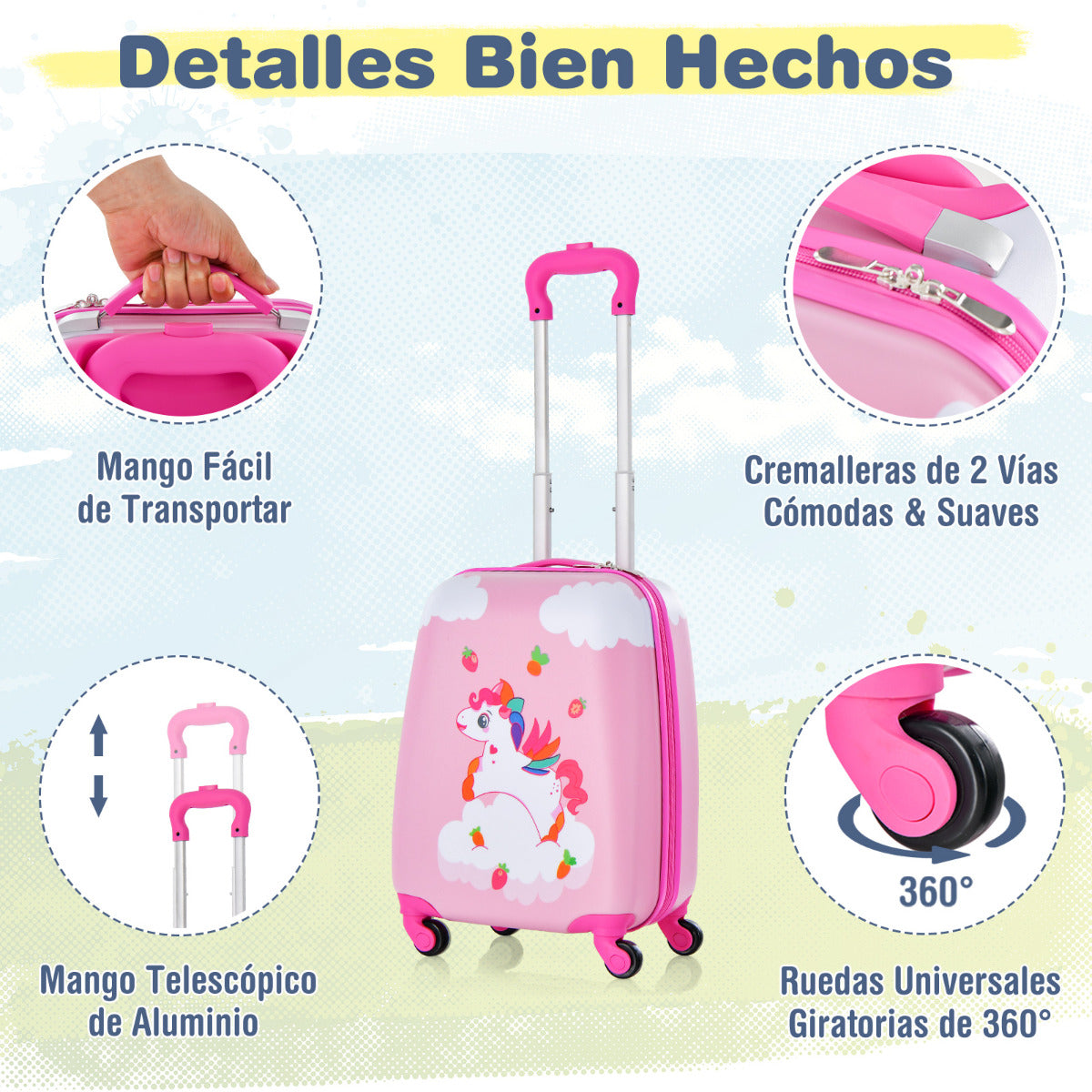 Juego de 2 Equipajes de Mano para Niños con Ruedas Maleta Mochila de Casco Duro Rodantes Portátiles Rosa + Multicolor
