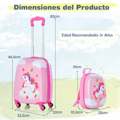 Juego de 2 Equipajes de Mano para Niños con Ruedas Maleta Mochila de Casco Duro Rodantes Portátiles Rosa + Multicolor