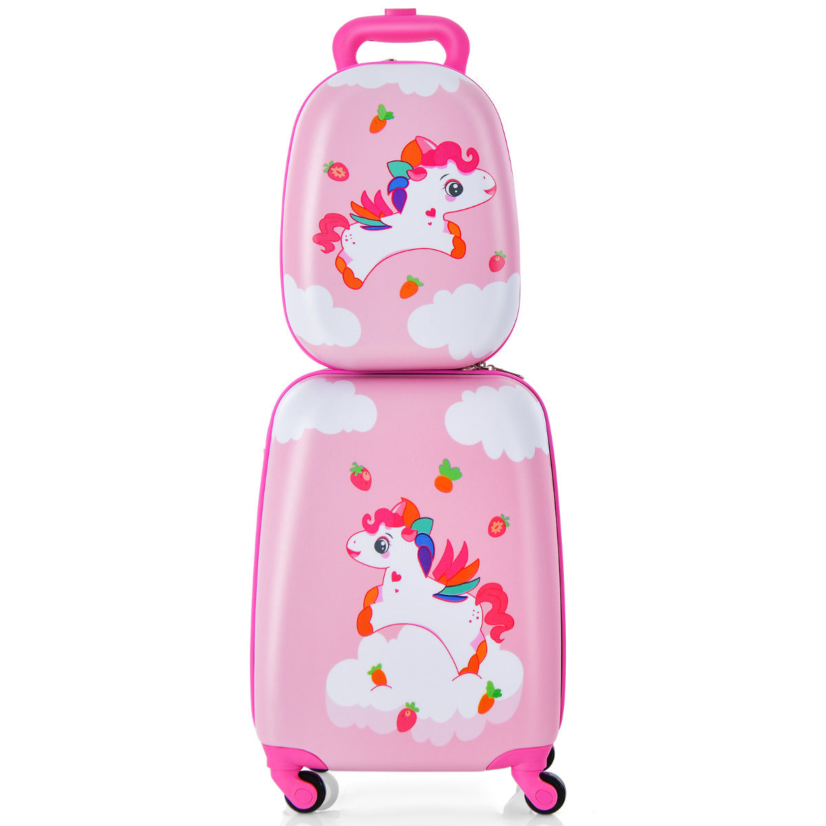 Juego de 2 Equipajes de Mano para Niños con Ruedas Maleta Mochila de Casco Duro Rodantes Portátiles Rosa + Multicolor