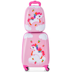 Juego de 2 Equipajes de Mano para Niños con Ruedas Maleta Mochila de Casco Duro Rodantes Portátiles Rosa + Multicolor