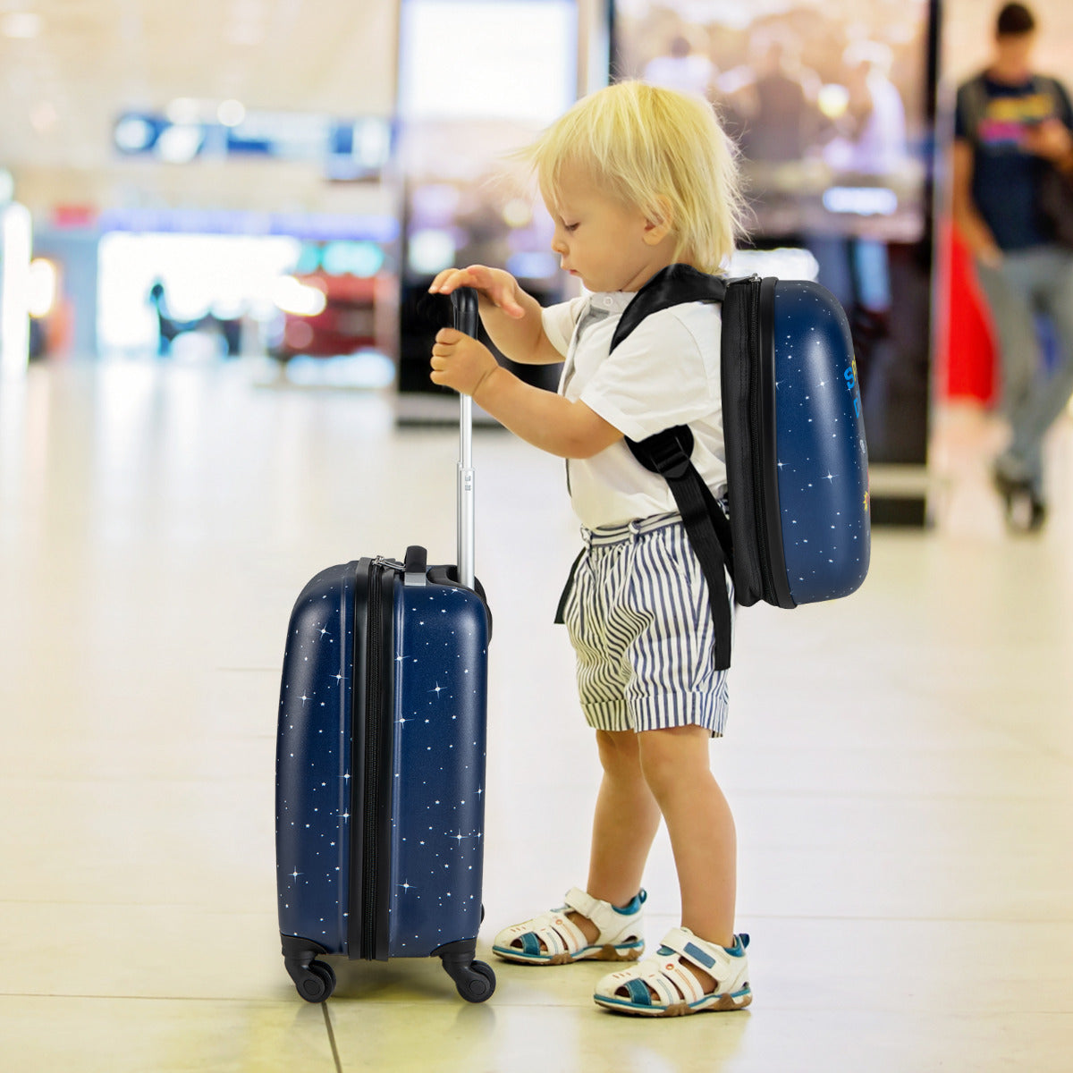 Juego de 2 Equipajes de Mano para Niños con Ruedas Maleta Mochila de Casco Duro Rodantes Portátiles Negro