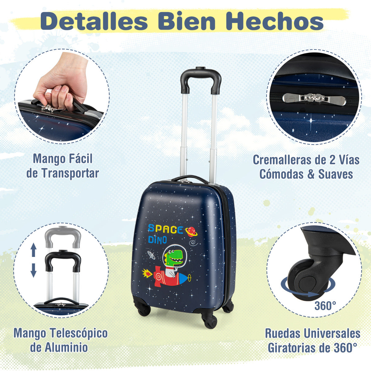 Juego de 2 Equipajes de Mano para Niños con Ruedas Maleta Mochila de Casco Duro Rodantes Portátiles Negro
