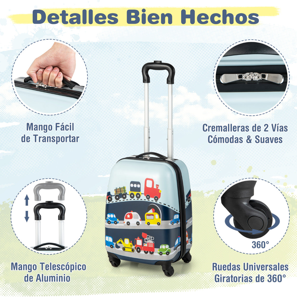 Juego de 2 Equipajes de Mano para Niños con Ruedas Maleta Mochila de Casco Duro Rodantes Portátiles Azul