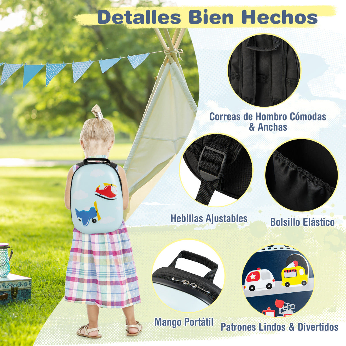 Juego de 2 Equipajes de Mano para Niños con Ruedas Maleta Mochila de Casco Duro Rodantes Portátiles Azul