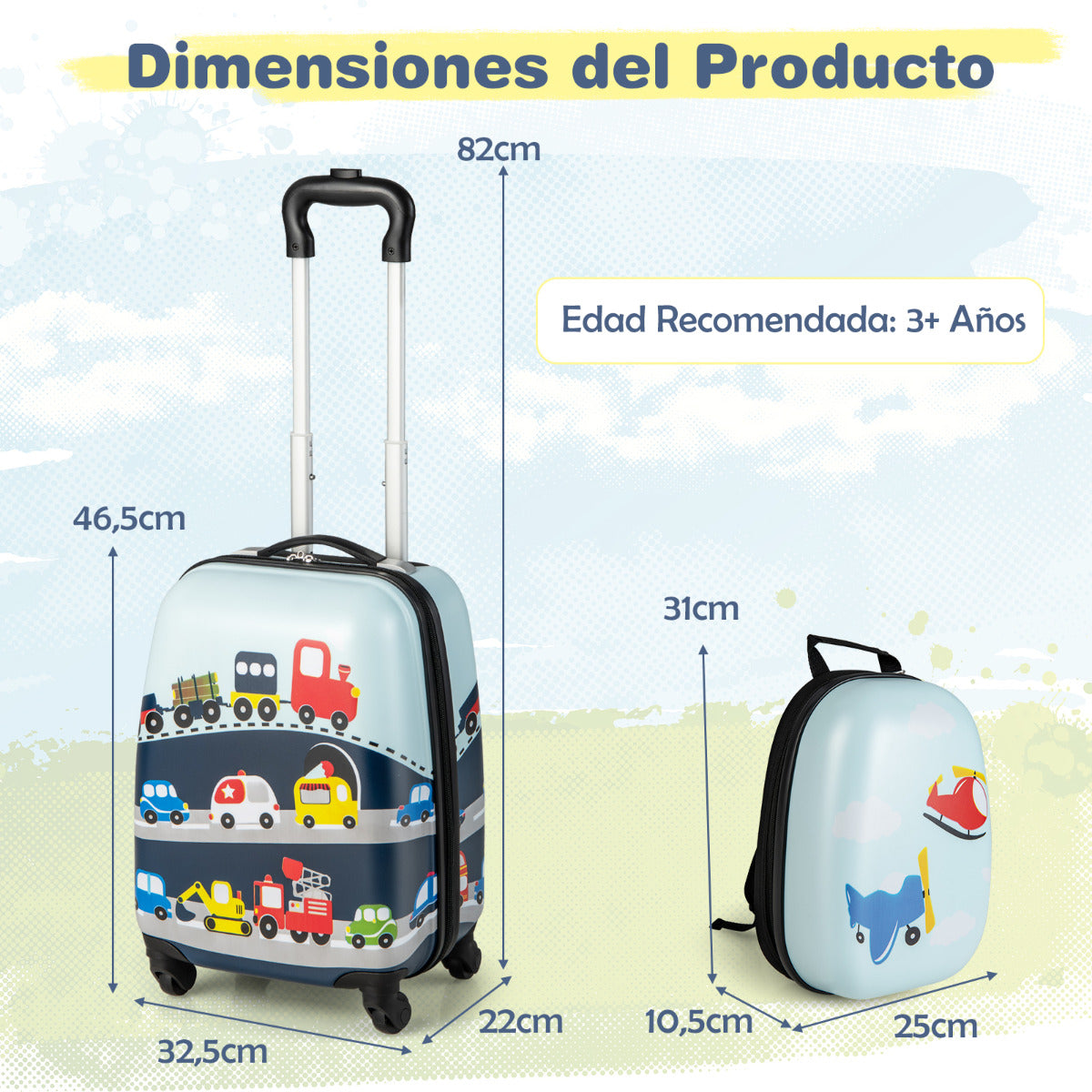 Juego de 2 Equipajes de Mano para Niños con Ruedas Maleta Mochila de Casco Duro Rodantes Portátiles Azul