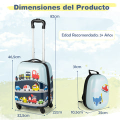 Juego de 2 Equipajes de Mano para Niños con Ruedas Maleta Mochila de Casco Duro Rodantes Portátiles Azul