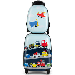 Juego de 2 Equipajes de Mano para Niños con Ruedas Maleta Mochila de Casco Duro Rodantes Portátiles Azul