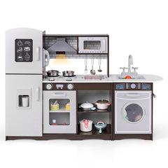 Juego de Cocina para Niños Cocina de Juguete con Luz Sonidos Fogón Fregadero Máquina de Hielo Microondas Lavadora Campana Accesorios Marrón