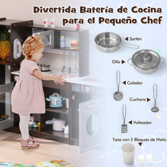Juego de Cocina para Niños Cocina de Juguete con Luz Sonidos Fogón Fregadero Máquina de Hielo Microondas Lavadora Campana Accesorios Marrón
