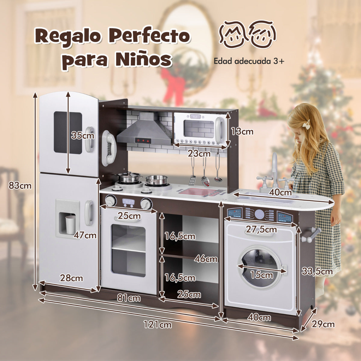 Juego de Cocina para Niños Cocina de Juguete con Luz Sonidos Fogón Fregadero Máquina de Hielo Microondas Lavadora Campana Accesorios Marrón