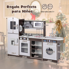 Juego de Cocina para Niños Cocina de Juguete con Luz Sonidos Fogón Fregadero Máquina de Hielo Microondas Lavadora Campana Accesorios Marrón
