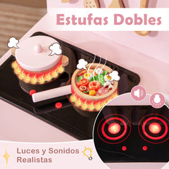 Juego de Cocina de Juguete para Niños Cocina de Madera con Luces Sonidos Estufas Fregadero Horno y Accesorios Cocina Infantil Rosa