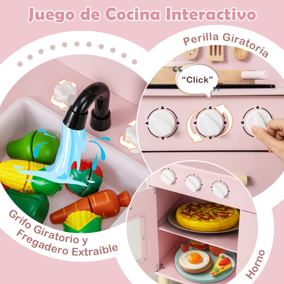 Juego de Cocina de Juguete para Niños Cocina de Madera con Luces Sonidos Estufas Fregadero Horno y Accesorios Cocina Infantil Rosa