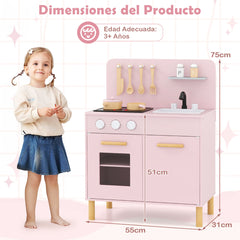Juego de Cocina de Juguete para Niños Cocina de Madera con Luces Sonidos Estufas Fregadero Horno y Accesorios Cocina Infantil Rosa