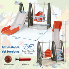 Juego de Deslizador y Columpio 4 en 1 para Niños con Escalador Columpio Altura Ajustable Aro de Baloncesto y Pasamanos de Seguridad Naranja