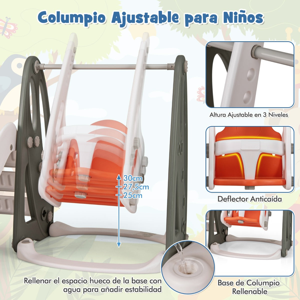 Juego de Deslizador y Columpio 4 en 1 para Niños con Escalador Columpio Altura Ajustable Aro de Baloncesto y Pasamanos de Seguridad Naranja