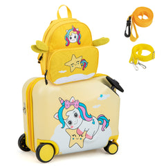 Juego de Equipaje para Niños de 2 Piezas Maleta Montable 18" y Mochila 12" con Ruedas Cáscara Dura Impermeable Rodante de Viaje Amarillo Claro