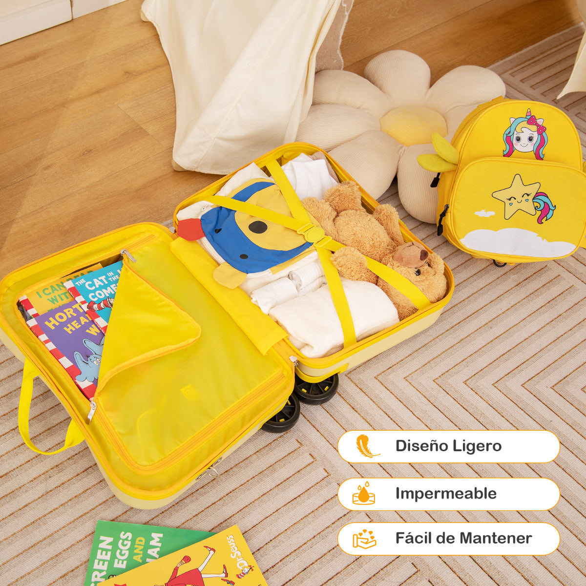Juego de Equipaje para Niños de 2 Piezas Maleta Montable 18" y Mochila 12" con Ruedas Cáscara Dura Impermeable Rodante de Viaje Amarillo Claro