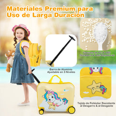 Juego de Equipaje para Niños de 2 Piezas Maleta Montable 18" y Mochila 12" con Ruedas Cáscara Dura Impermeable Rodante de Viaje Amarillo Claro