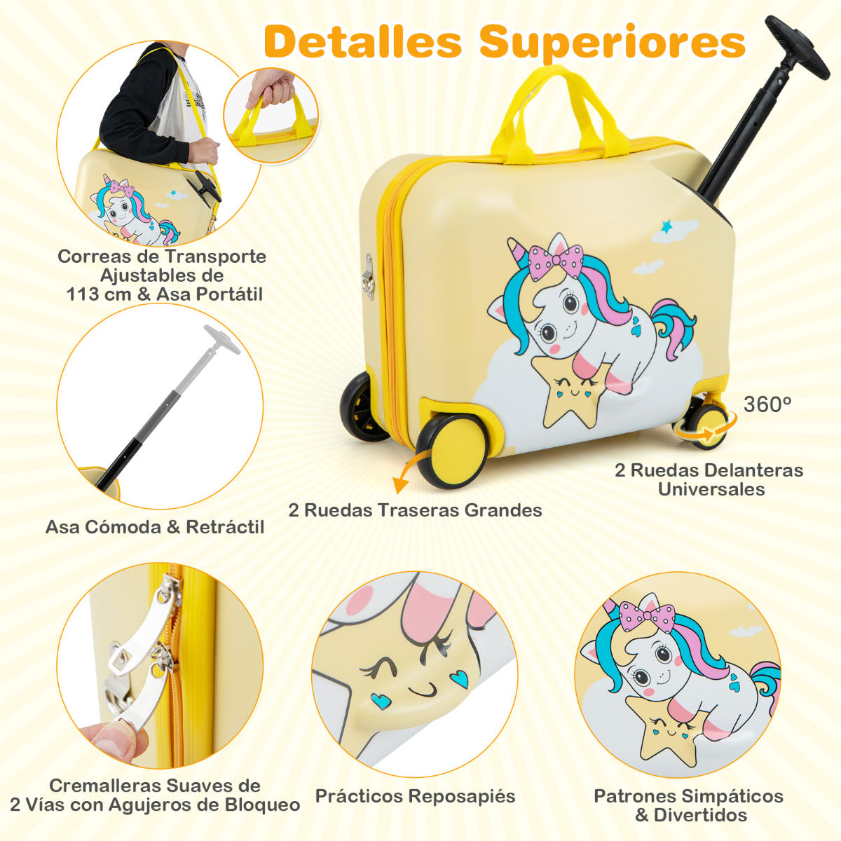 Juego de Equipaje para Niños de 2 Piezas Maleta Montable 18" y Mochila 12" con Ruedas Cáscara Dura Impermeable Rodante de Viaje Amarillo Claro