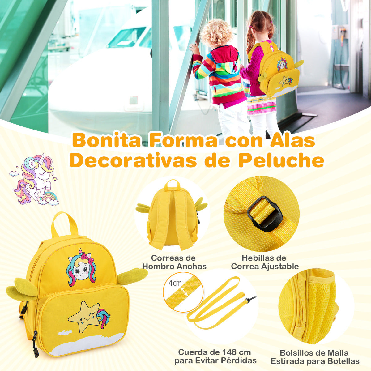 Juego de Equipaje para Niños de 2 Piezas Maleta Montable 18" y Mochila 12" con Ruedas Cáscara Dura Impermeable Rodante de Viaje Amarillo Claro