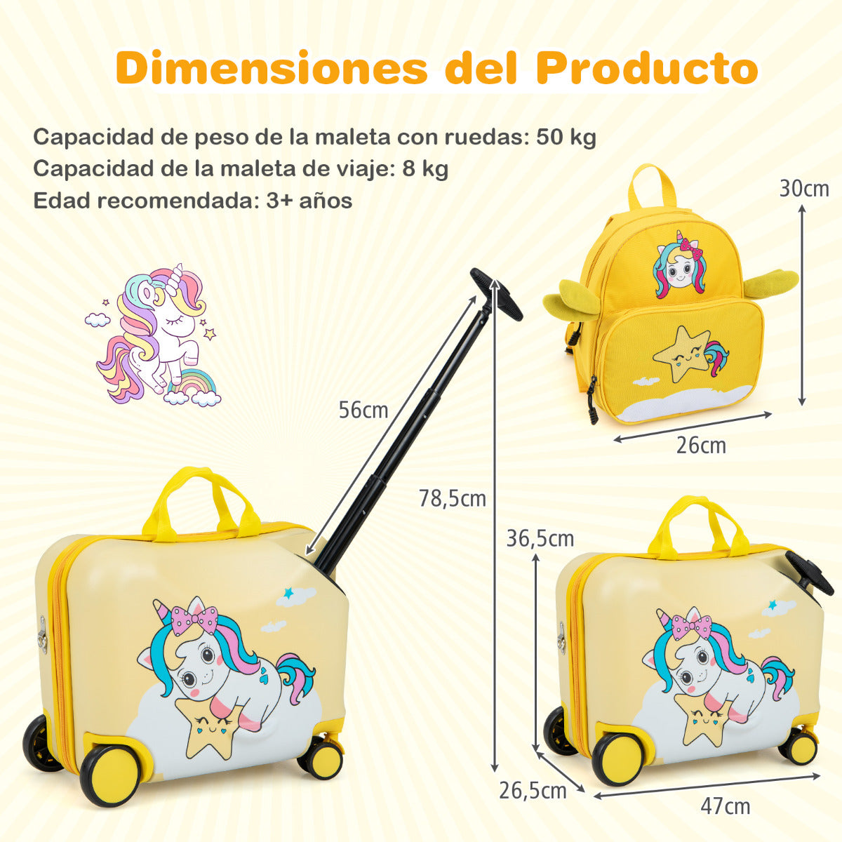 Juego de Equipaje para Niños de 2 Piezas Maleta Montable 18" y Mochila 12" con Ruedas Cáscara Dura Impermeable Rodante de Viaje Amarillo Claro