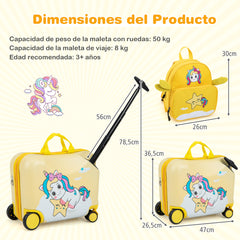 Juego de Equipaje para Niños de 2 Piezas Maleta Montable 18" y Mochila 12" con Ruedas Cáscara Dura Impermeable Rodante de Viaje Amarillo Claro