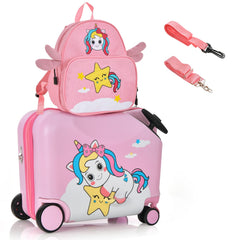 Juego de Equipaje para Niños de 2 Piezas Maleta Montable y Mochila con Ruedas Cáscara Dura Impermeable Rodante de Viaje Rosa