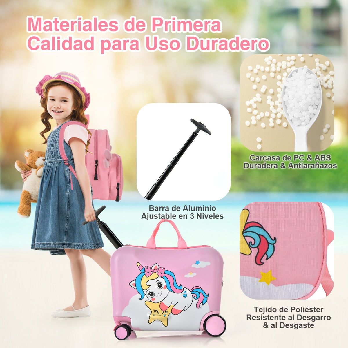 Juego de Equipaje para Niños de 2 Piezas Maleta Montable y Mochila con Ruedas Cáscara Dura Impermeable Rodante de Viaje Rosa