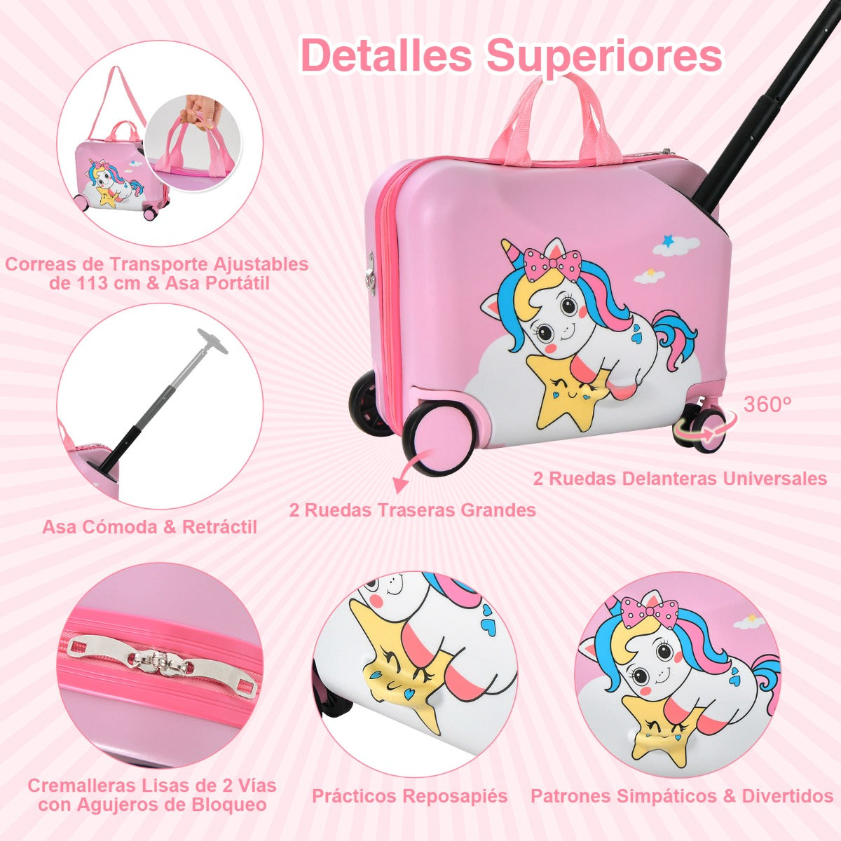 Juego de Equipaje para Niños de 2 Piezas Maleta Montable y Mochila con Ruedas Cáscara Dura Impermeable Rodante de Viaje Rosa