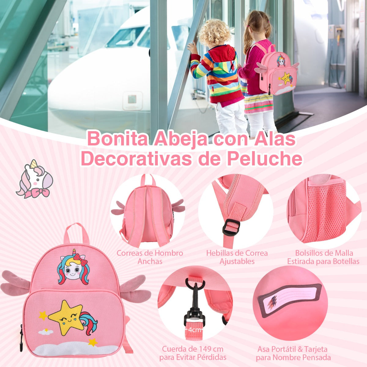 Juego de Equipaje para Niños de 2 Piezas Maleta Montable y Mochila con Ruedas Cáscara Dura Impermeable Rodante de Viaje Rosa
