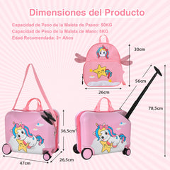 Juego de Equipaje para Niños de 2 Piezas Maleta Montable y Mochila con Ruedas Cáscara Dura Impermeable Rodante de Viaje Rosa