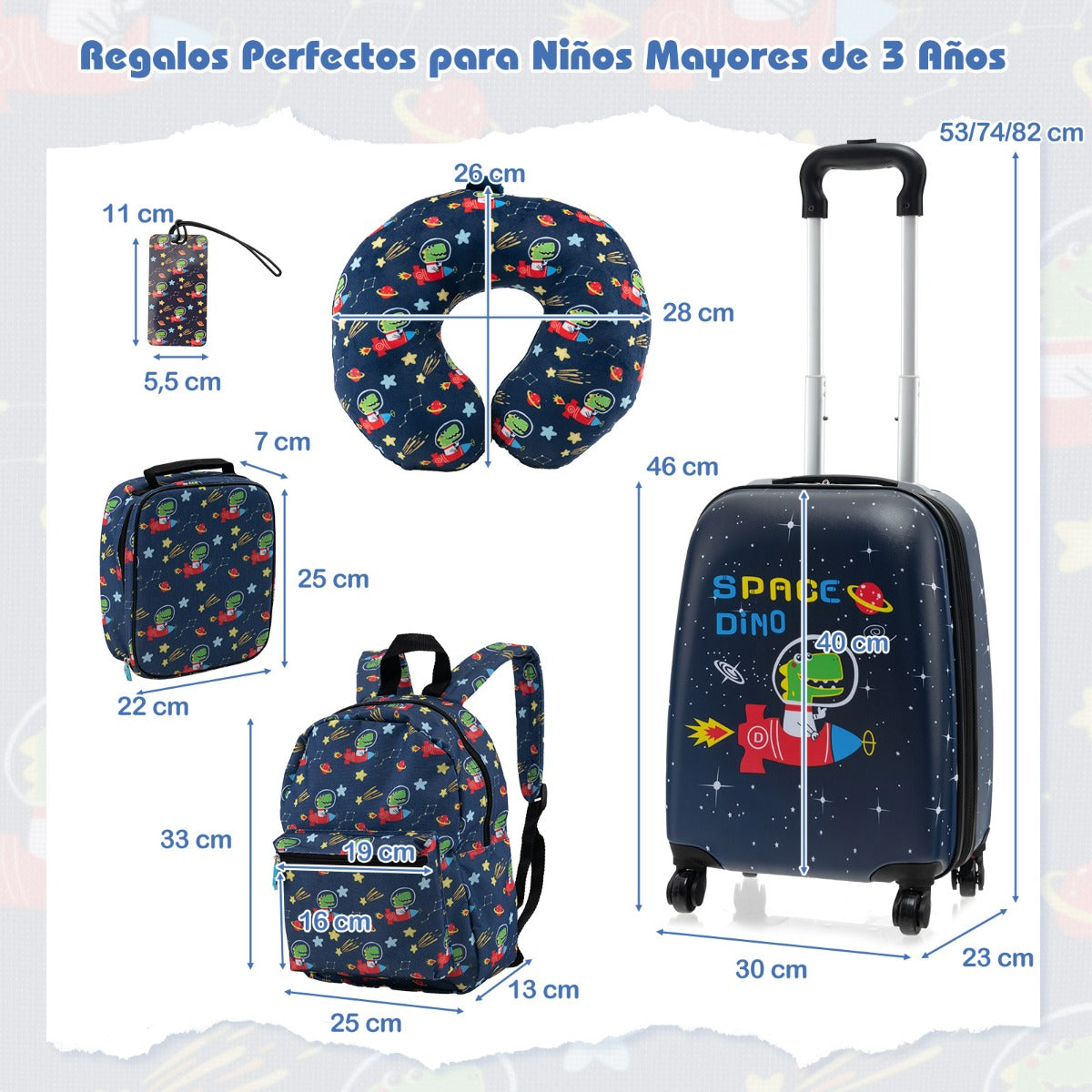 Juego de Equipaje para Niños de 5 Piezas con Ruedas Mochila Almohada para Cuello Etiqueta de Equipaje y Bolsa de Almuerzo Azul Oscuro