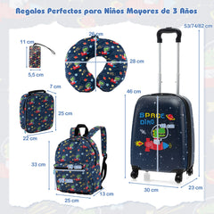 Juego de Equipaje para Niños de 5 Piezas con Ruedas Mochila Almohada para Cuello Etiqueta de Equipaje y Bolsa de Almuerzo Azul Oscuro