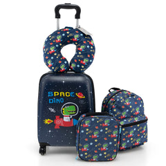 Juego de Equipaje para Niños de 5 Piezas con Ruedas Mochila Almohada para Cuello Etiqueta de Equipaje y Bolsa de Almuerzo Azul Oscuro