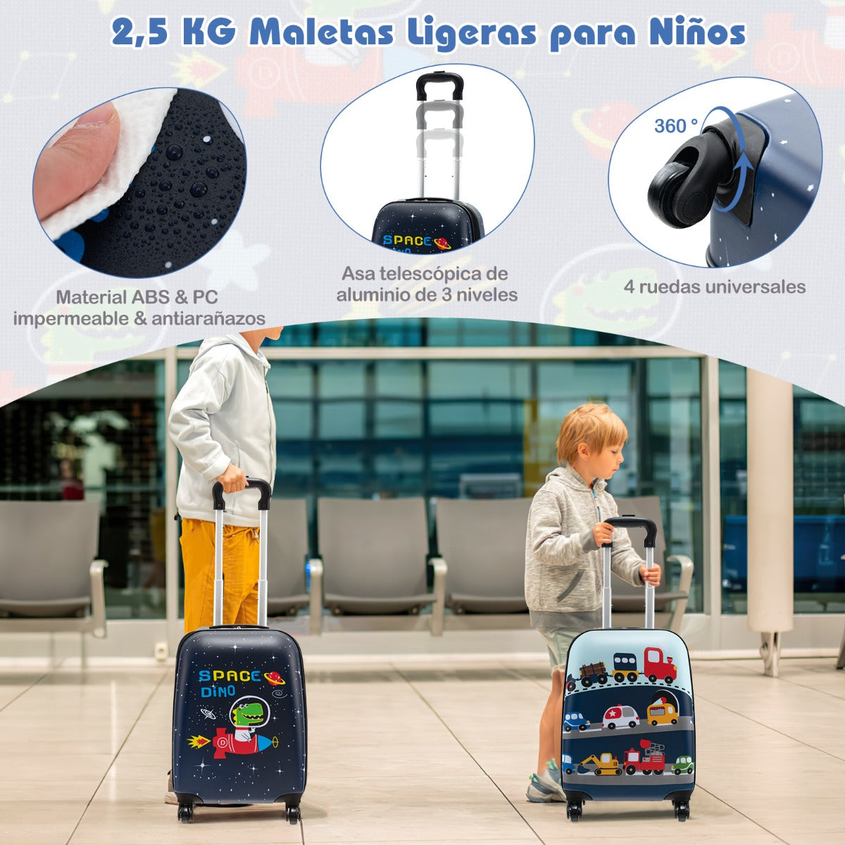 Juego de Equipaje para Niños de 5 Piezas con Ruedas Mochila Almohada para Cuello Etiqueta de Equipaje y Bolsa de Almuerzo Azul Oscuro
