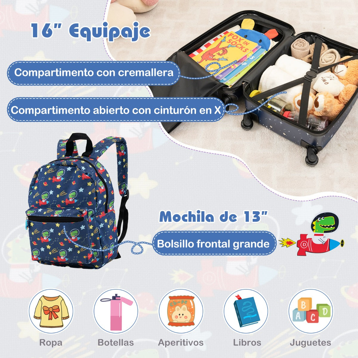 Juego de Equipaje para Niños de 5 Piezas con Ruedas Mochila Almohada para Cuello Etiqueta de Equipaje y Bolsa de Almuerzo Azul Oscuro