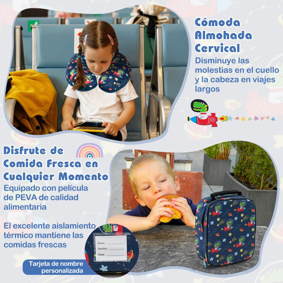 Juego de Equipaje para Niños de 5 Piezas con Ruedas Mochila Almohada para Cuello Etiqueta de Equipaje y Bolsa de Almuerzo Azul Oscuro