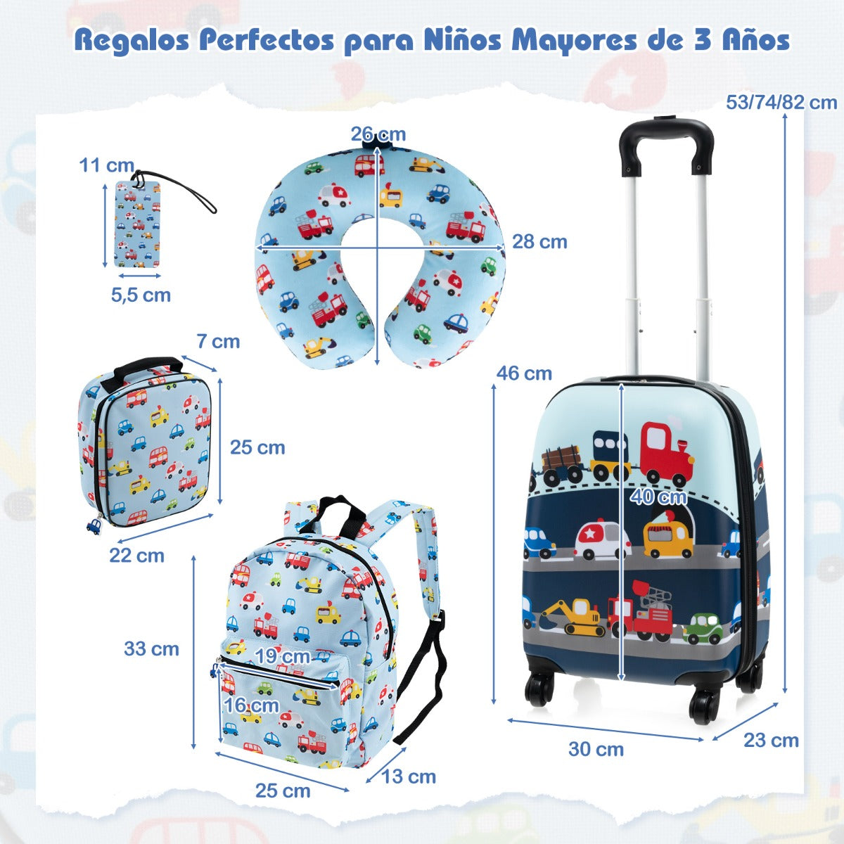 Juego de Equipaje para Niños de 5 Piezas con Ruedas Mochila Almohada para Cuello Etiqueta de Equipaje y Bolsa de Almuerzo Azul Claro