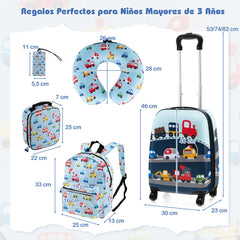 Juego de Equipaje para Niños de 5 Piezas con Ruedas Mochila Almohada para Cuello Etiqueta de Equipaje y Bolsa de Almuerzo Azul Claro