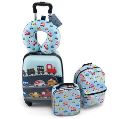 Juego de Equipaje para Niños de 5 Piezas con Ruedas Mochila Almohada para Cuello Etiqueta de Equipaje y Bolsa de Almuerzo Azul Claro