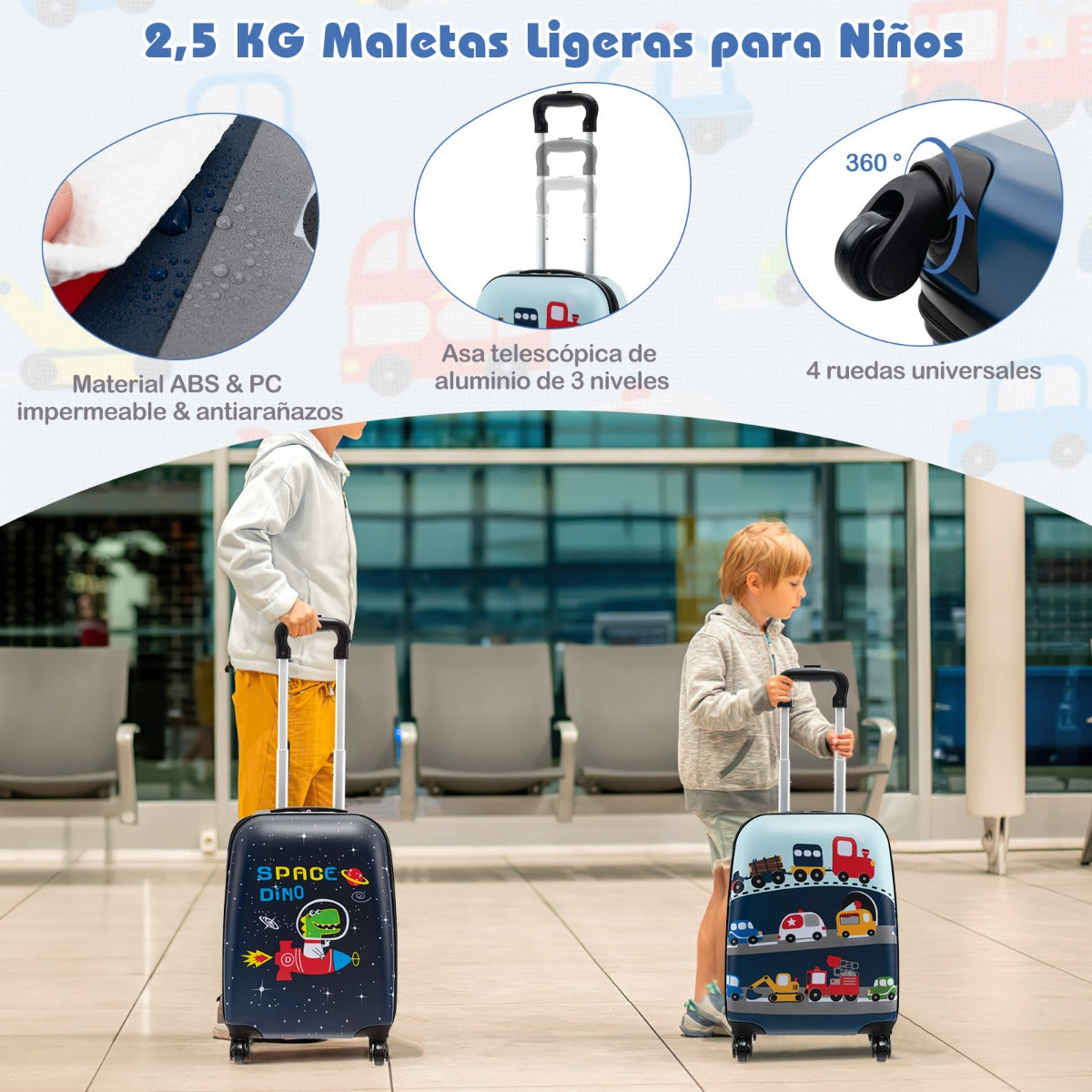 Juego de Equipaje para Niños de 5 Piezas con Ruedas Mochila Almohada para Cuello Etiqueta de Equipaje y Bolsa de Almuerzo Azul Claro