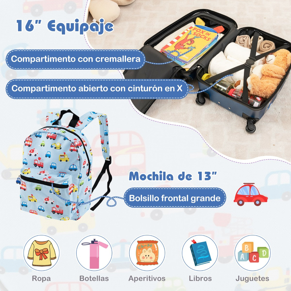 Juego de Equipaje para Niños de 5 Piezas con Ruedas Mochila Almohada para Cuello Etiqueta de Equipaje y Bolsa de Almuerzo Azul Claro
