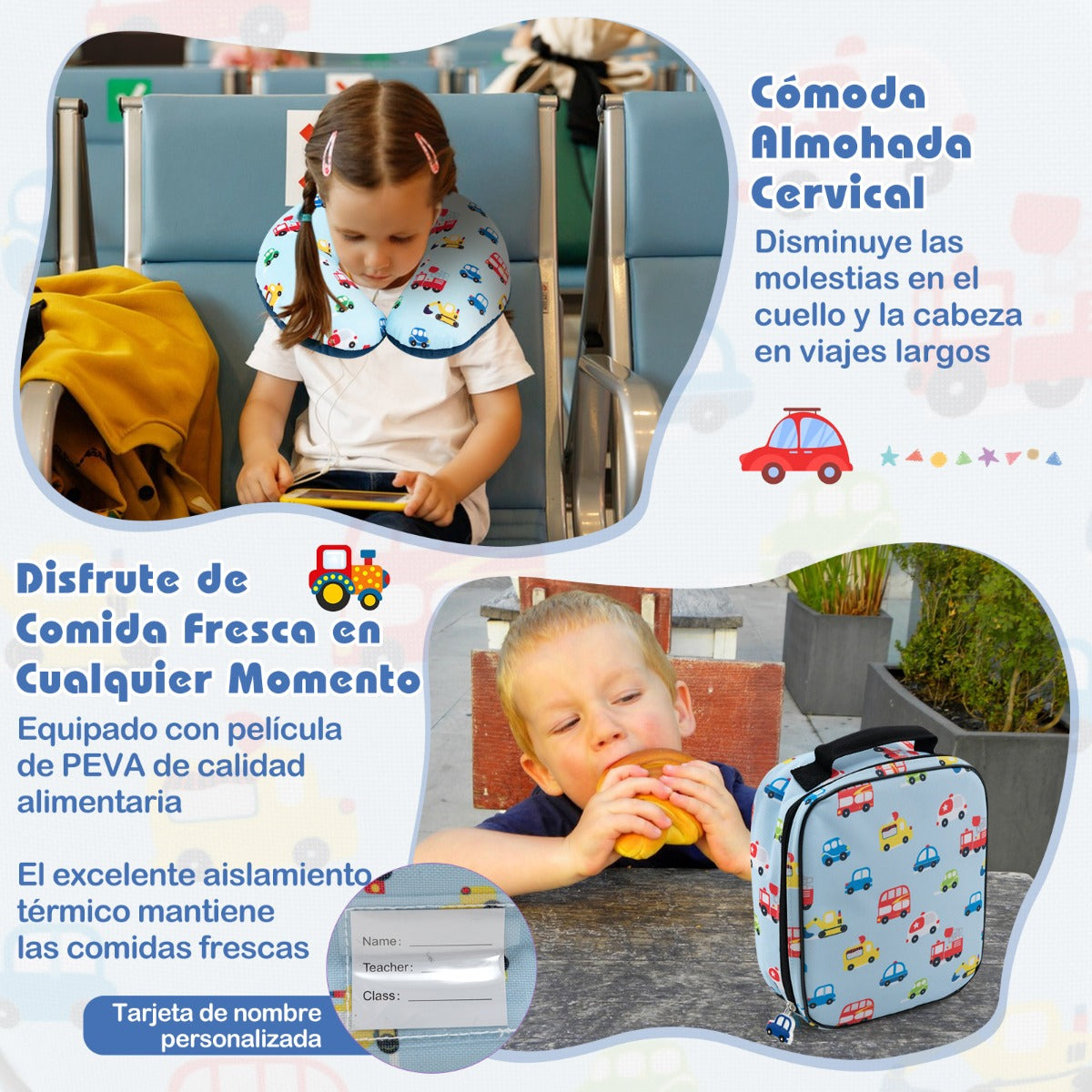 Juego de Equipaje para Niños de 5 Piezas con Ruedas Mochila Almohada para Cuello Etiqueta de Equipaje y Bolsa de Almuerzo Azul Claro
