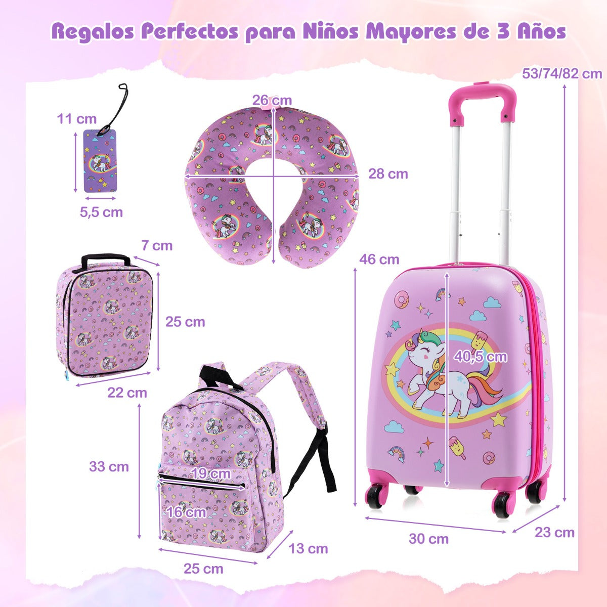 Juego de Equipaje para Niños de 5 Piezas con Ruedas Mochila Almohada para Cuello Etiqueta de Equipaje y Bolsa de Almuerzo Rosa Oscuro
