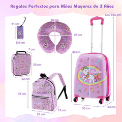 Juego de Equipaje para Niños de 5 Piezas con Ruedas Mochila Almohada para Cuello Etiqueta de Equipaje y Bolsa de Almuerzo Rosa Oscuro