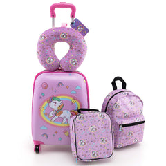 Juego de Equipaje para Niños de 5 Piezas con Ruedas Mochila Almohada para Cuello Etiqueta de Equipaje y Bolsa de Almuerzo Rosa Oscuro