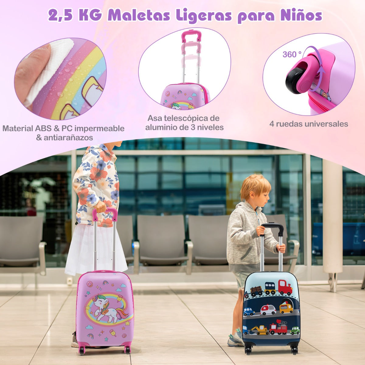 Juego de Equipaje para Niños de 5 Piezas con Ruedas Mochila Almohada para Cuello Etiqueta de Equipaje y Bolsa de Almuerzo Rosa Oscuro