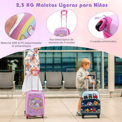 Juego de Equipaje para Niños de 5 Piezas con Ruedas Mochila Almohada para Cuello Etiqueta de Equipaje y Bolsa de Almuerzo Rosa Oscuro