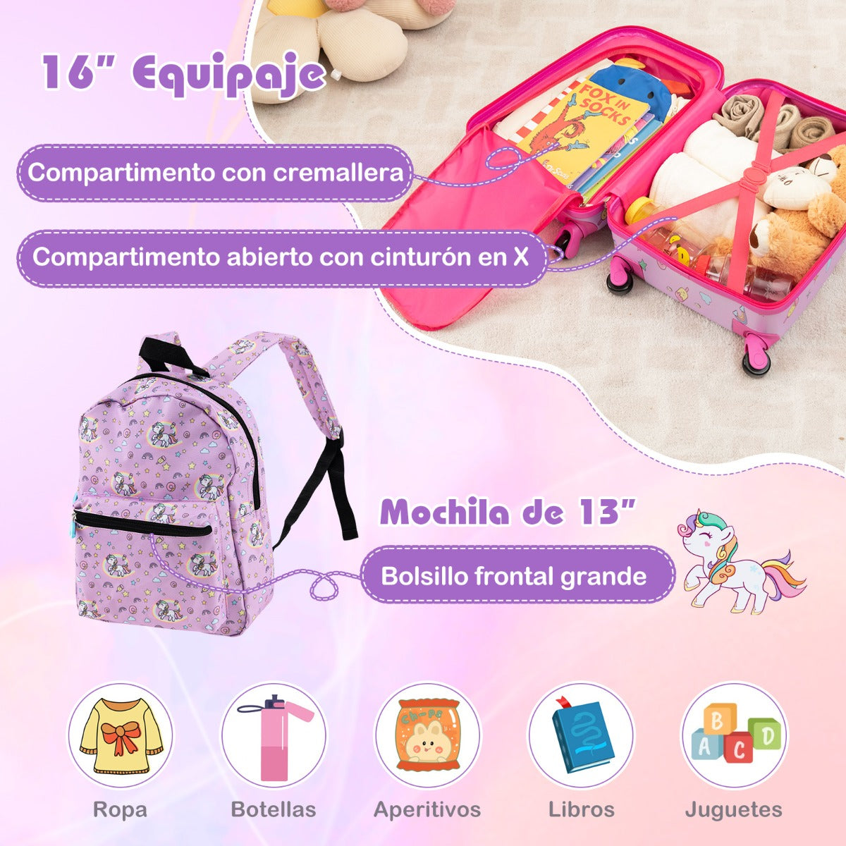 Juego de Equipaje para Niños de 5 Piezas con Ruedas Mochila Almohada para Cuello Etiqueta de Equipaje y Bolsa de Almuerzo Rosa Oscuro